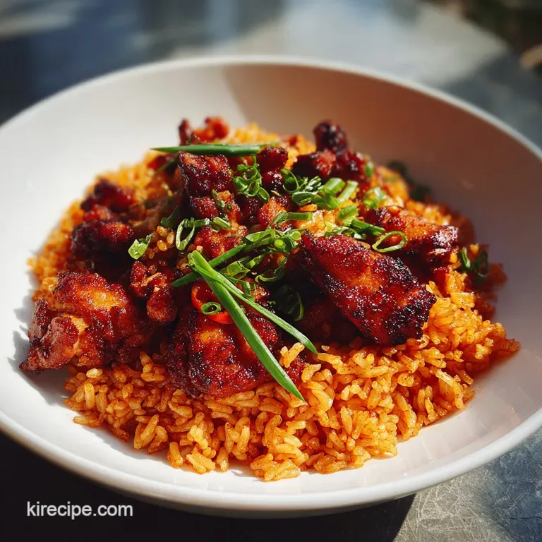 Elegant plate showcasing tender Korean chicken over rice, with vibrant sauce and sesame seeds, ready to be served.
