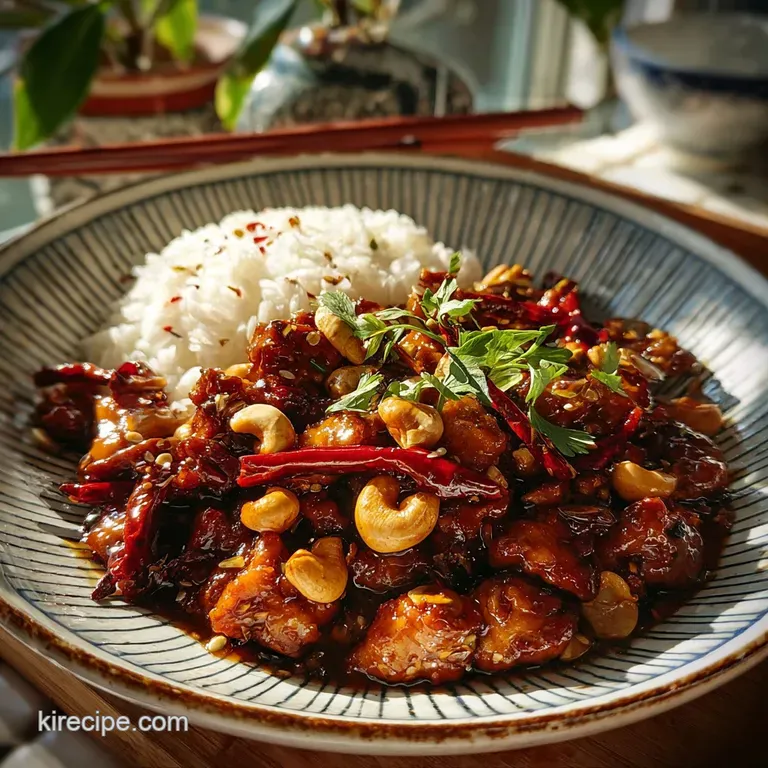 Kung Pao chicken glistens, piled high in a white bowl, garnished with scallions. Chopsticks rest beside it, ready to eat.