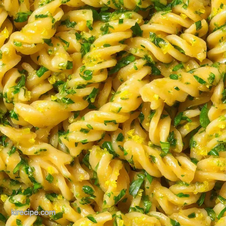 Elegant plate of chilled pasta with glossy lemon dressing, scattered basil sprigs, and thin citrus wheels.