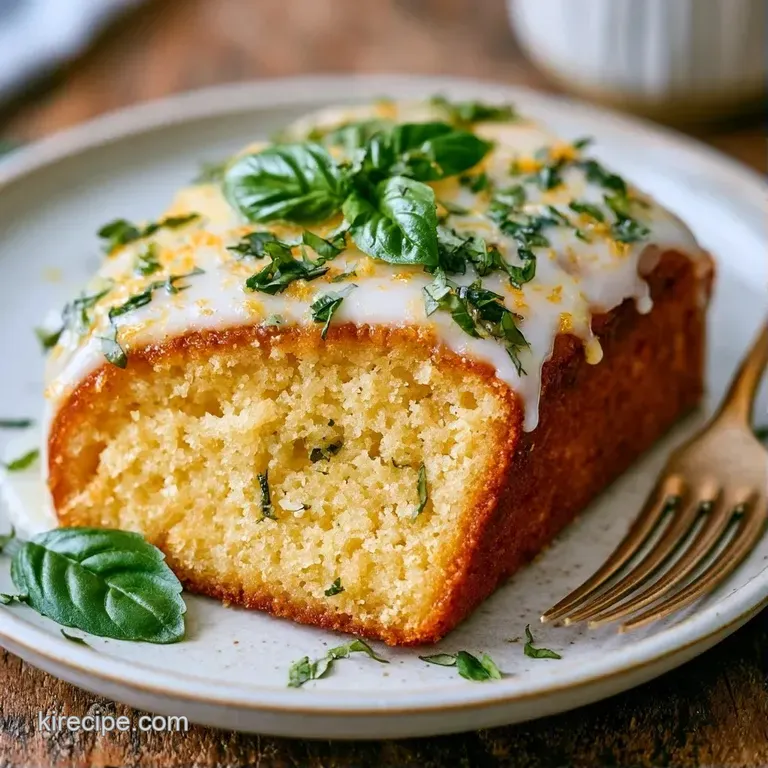 A slice of moist yellow cake on a white plate, paired with a swirl of thick Greek yogurt and minty basil leaves.