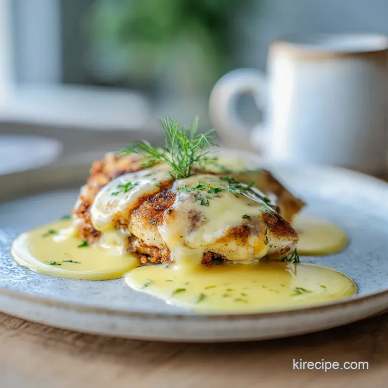 Elegant plate featuring a perfectly seared chicken breast, topped with rich hollandaise. Asparagus adds color and freshness.