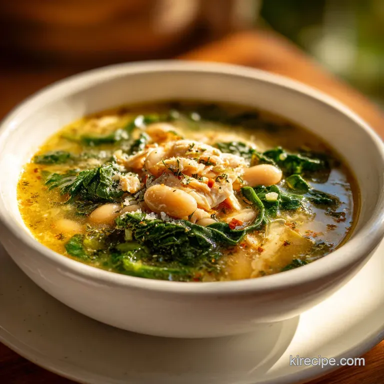 A steaming bowl of bright white bean and turkey soup, topped with a lemon wedge and verdant herbs, served on a rustic wood...