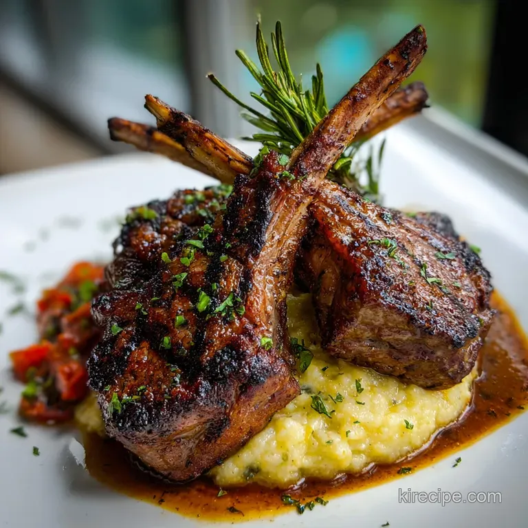 Four perfectly seared lamb chops, artfully arranged with a side of roasted root vegetables, creating a rustic yet elegant ...
