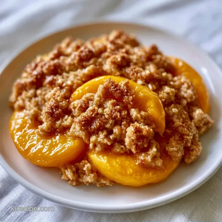 A ceramic bowl of baked peaches topped with crispy oats and a sprig of mint on a white linen tablecloth.