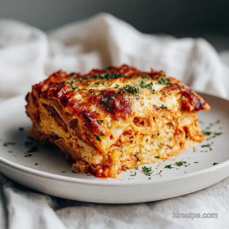 A perfectly portioned slice of lasagna, glistening with melted cheese and topped with a sprinkle of fresh parsley.