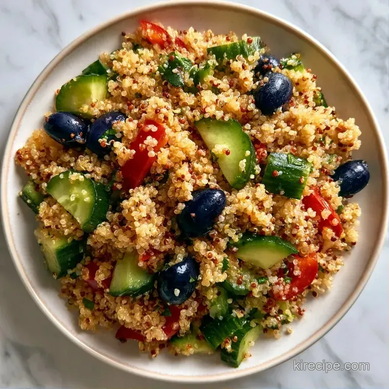 Colorful quinoa grains tossed with diced vegetables and feta, served on a white ceramic dish with fresh parsley.