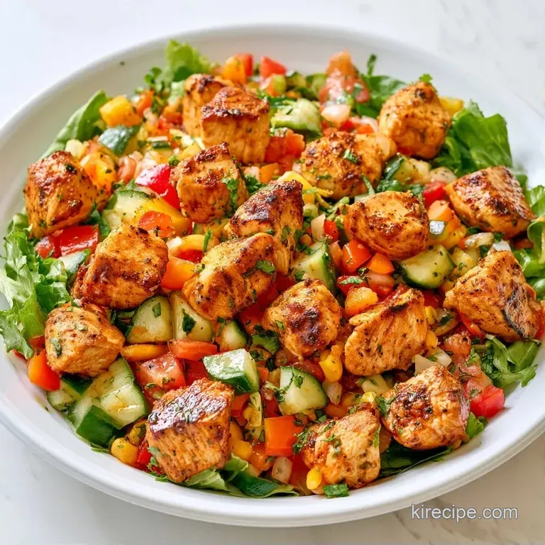 Colorful medley of grilled chicken, corn, and black beans arranged neatly over fresh greens in a modern white bowl.