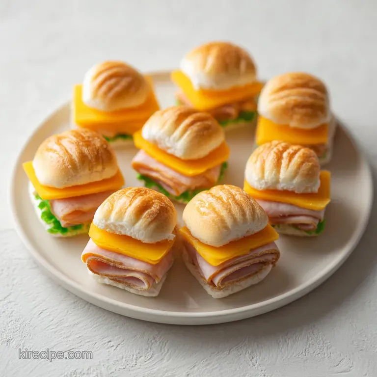Neat rows of small triangles and rolls arranged in a wooden box with pops of red and green from fresh fruit.