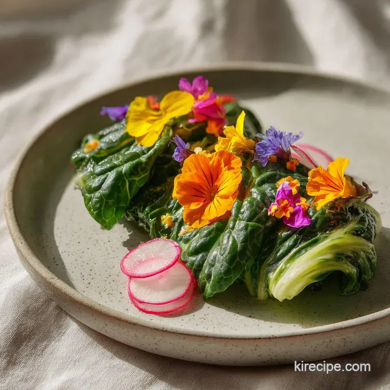 Delicate edible blossoms scattered over fresh baby greens on a white ceramic plate with soft, natural lighting.
