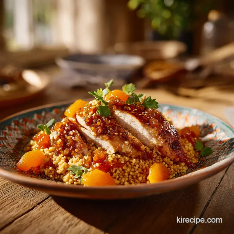 Elegant plate featuring tender chicken, soft couscous, and glistening apricots, garnished with vibrant cilantro sprigs.