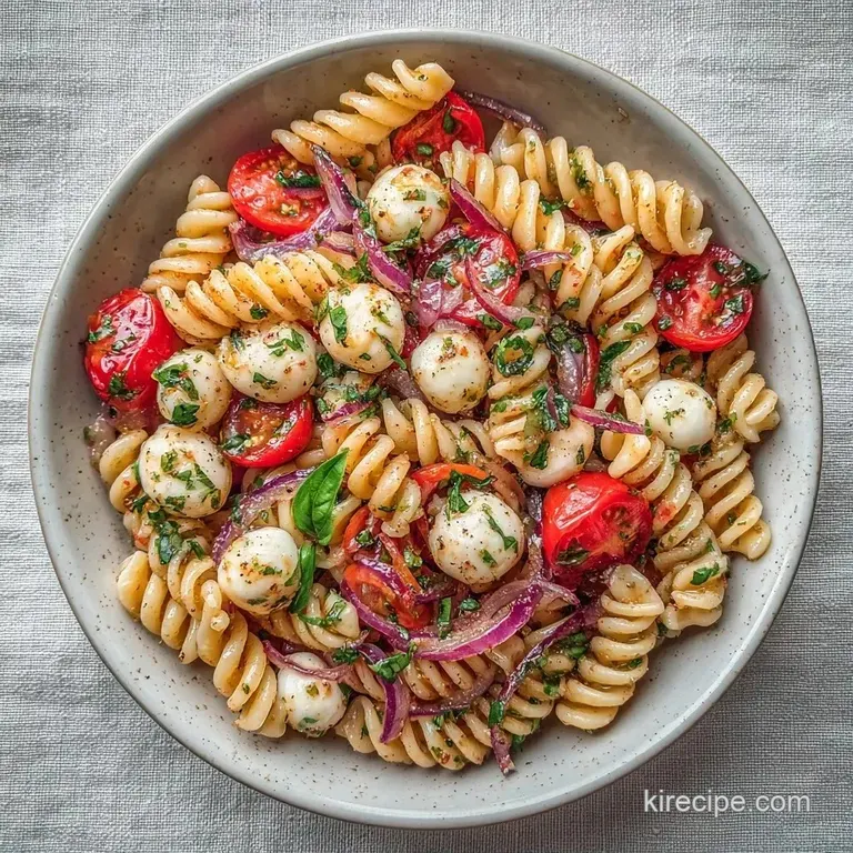 Colorful pasta and white cheese pearls arranged in a wide ceramic bowl, topped with fresh basil and balsamic glaze.
