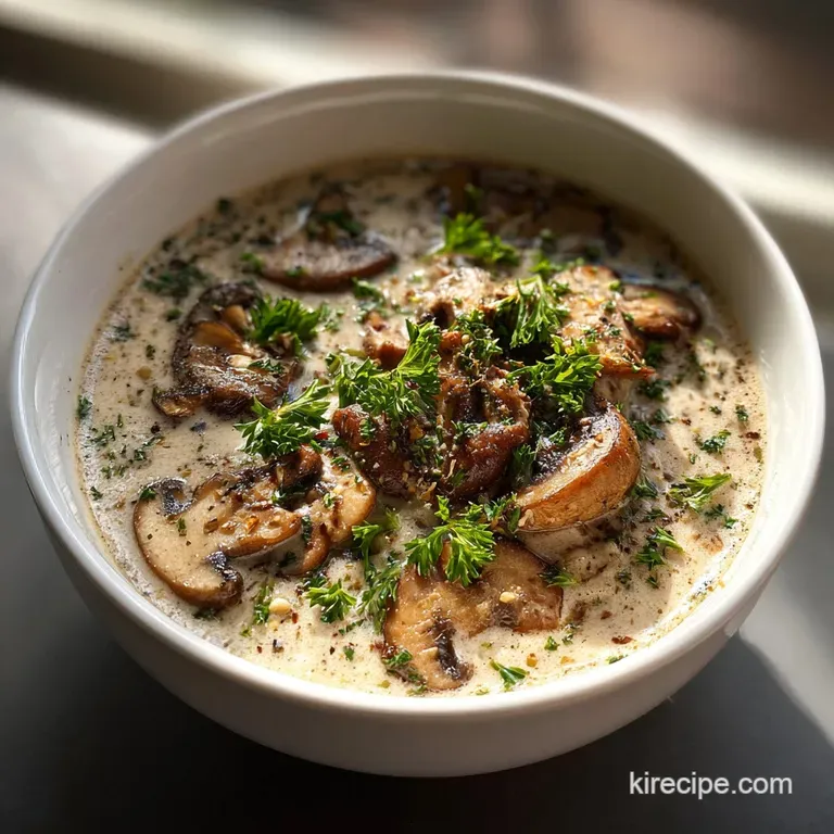 A delicate white bowl with a creamy, mushroom-colored soup, artfully drizzled with olive oil and garnished with green herbs.