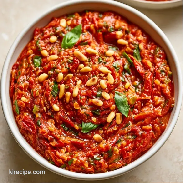 Deep red tomato sauce swirled over al dente pasta, topped with a sprig of basil and shaved parmesan cheese.