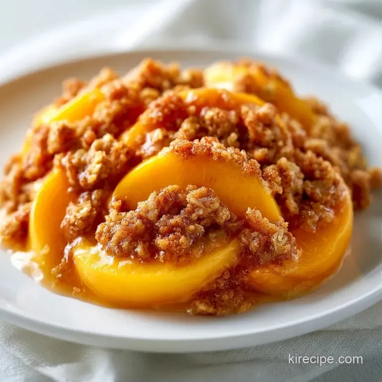 A scoop of warm peach crumble topped with a dollop of melting vanilla cream on a matte ceramic plate.