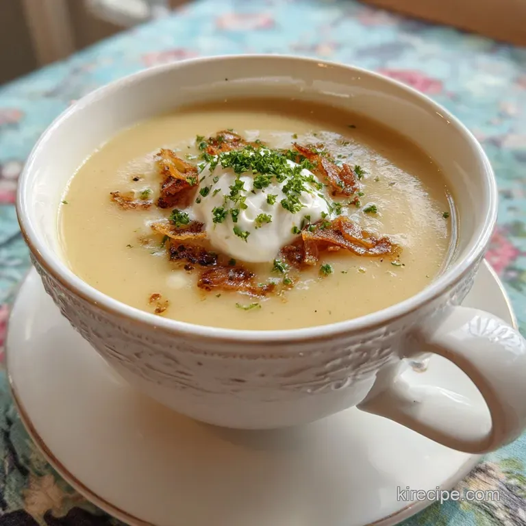 A delicate white bowl holds potato soup drizzled with chives and crispy bacon, placed elegantly on a linen napkin. Warm an...
