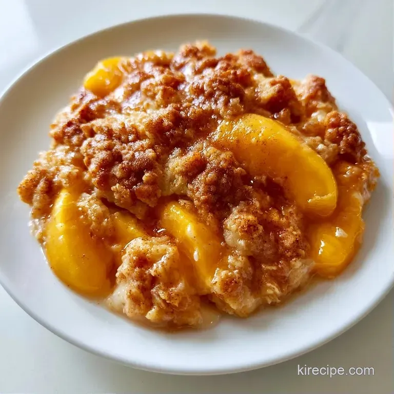 Warm baked peaches with a golden oat crust, topped with a melting scoop of vanilla bean ice cream on a white plate.