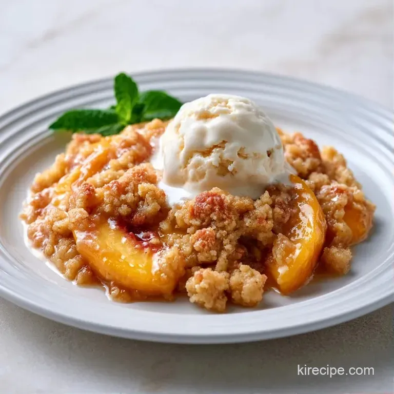 A scoop of melting vanilla ice cream atop golden oat crumble and juicy, syrup-glazed orange fruit slices.