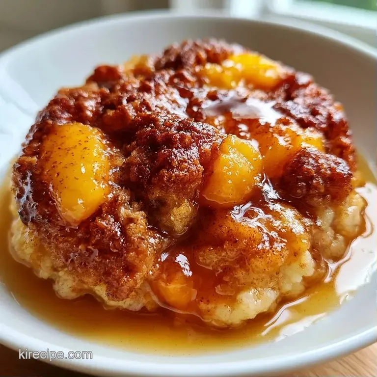 Warm, glistening peaches paired with a crisp golden crust and a scoop of melting vanilla ice cream on a white plate.