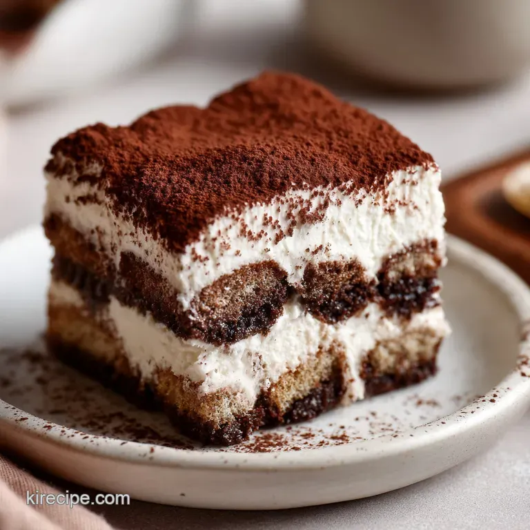 An elegant slice of layered cream dessert on a white plate, topped with cocoa powder and a fresh mint leaf.