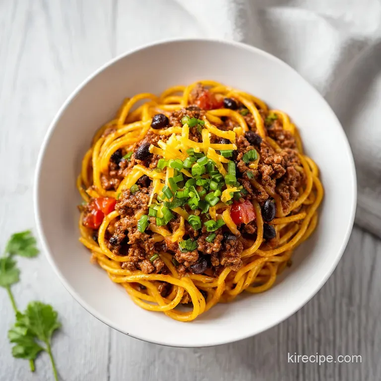 Twirls of spaghetti coated in seasoned sauce with melted cheese and fresh cilantro on a white plate.