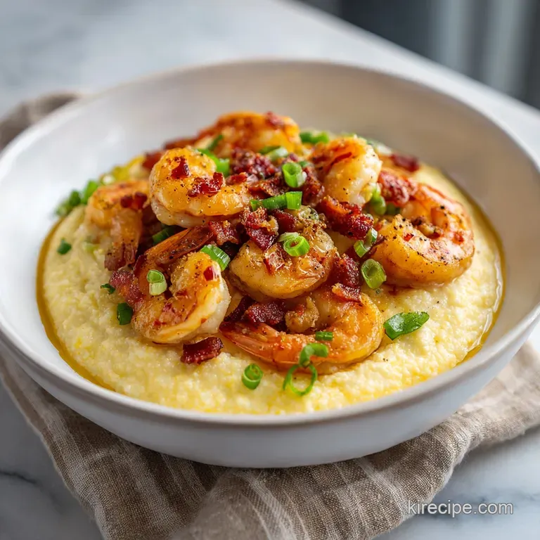 A generous swirl of creamy grits topped with glistening, pan-seared shrimp and vibrant green chives.