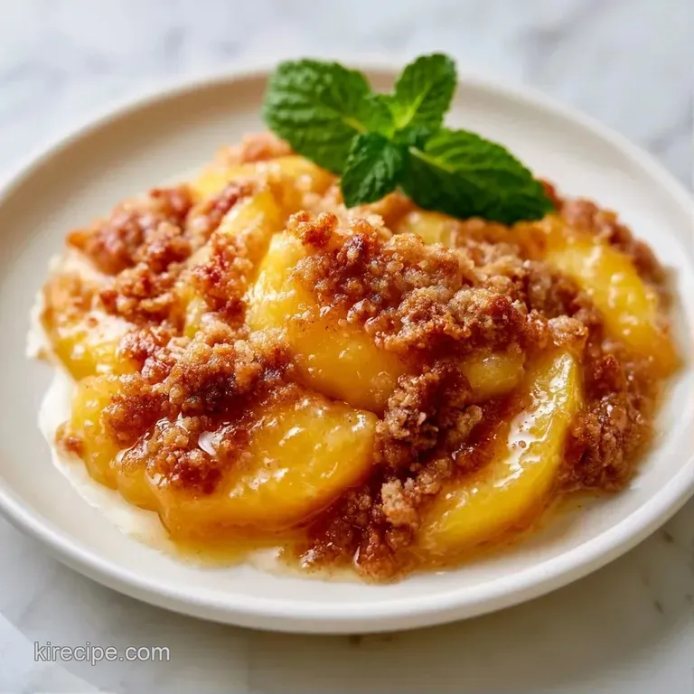 Warm fruit crisp topped with a melting scoop of vanilla ice cream, served on a white plate with a mint leaf.