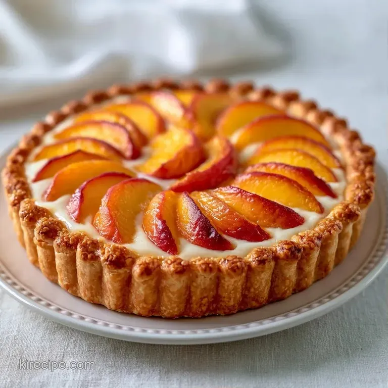 Slices of golden-brown pastry topped with vibrant orange peaches, served on a white plate with a dusting of sugar.