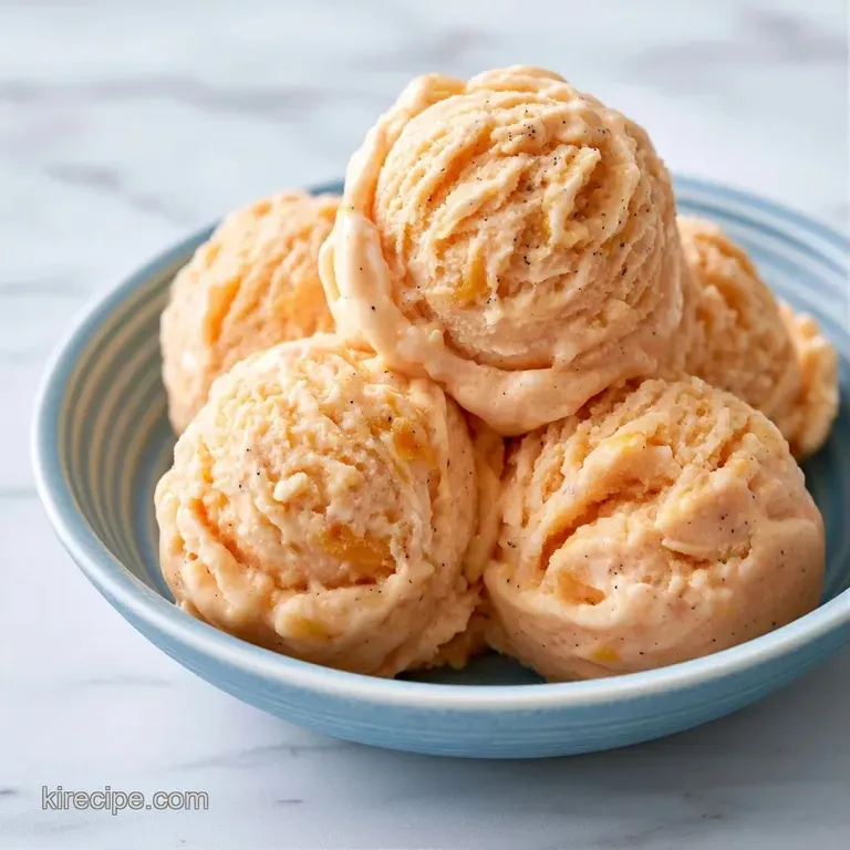 Three smooth scoops of pale cream ice cream paired with fanned peach slices on a minimalist white ceramic plate.