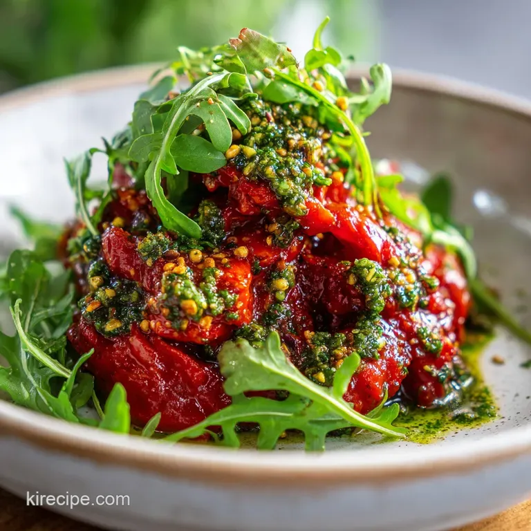 Red Pepper Sauce with Arugula Pistachio Pesto