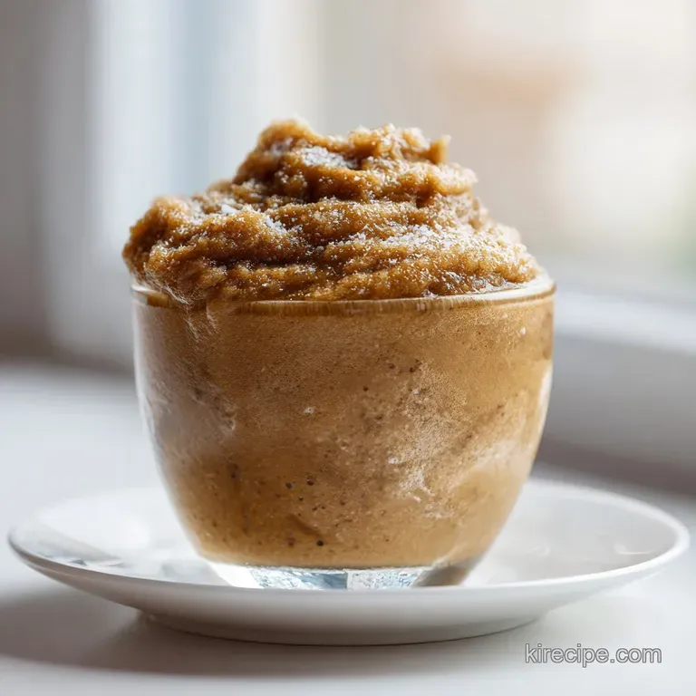 Chilled blended beverage in a tall glass beside roasted coffee beans on a clean white marble surface with soft light.