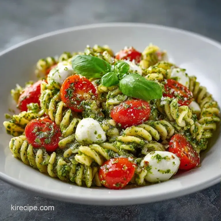 Vibrant green pasta twists and milky mozzarella pearls served in a white ceramic bowl with fresh basil leaves.
