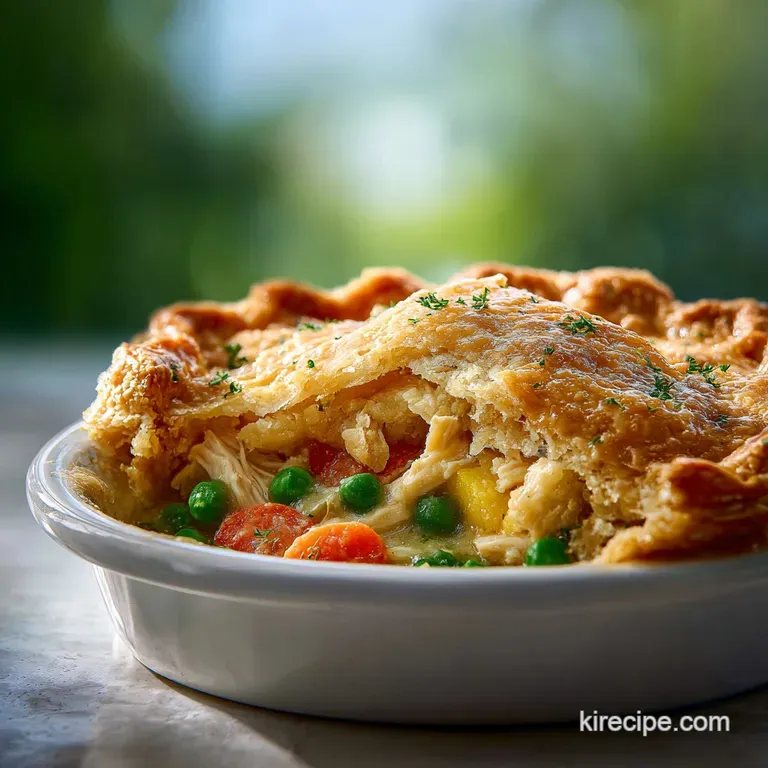 A slice of creamy chicken pot pie with a golden crust, served on a plate alongside a simple green salad.