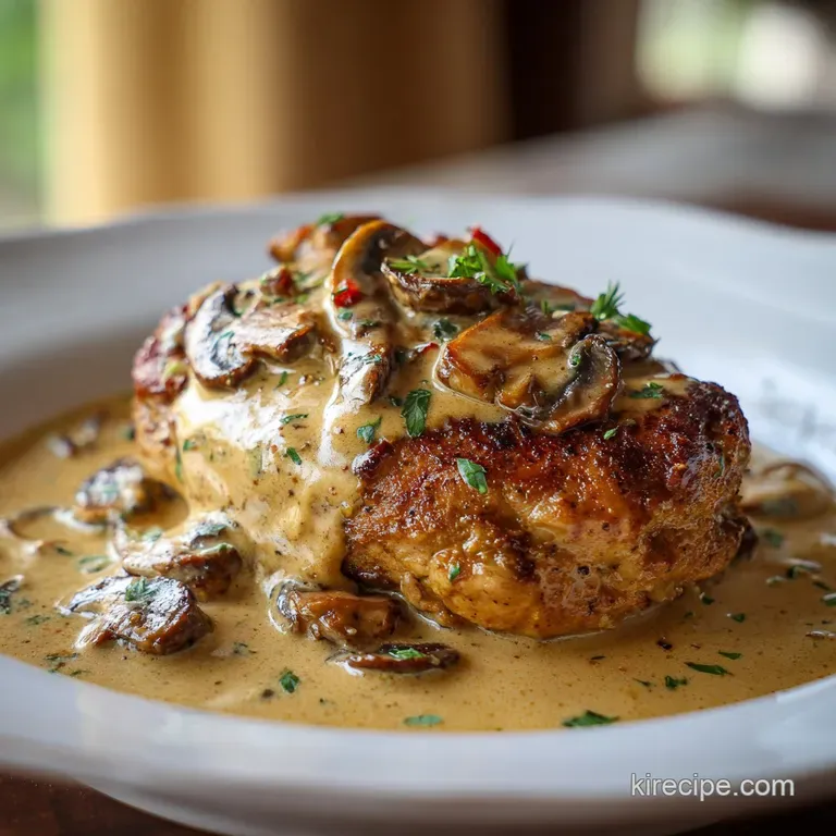 Plated chicken nestled in a juicy portobello cap, drizzled sauce, herbs, with a colorful side. Warm, inviting, and fresh.