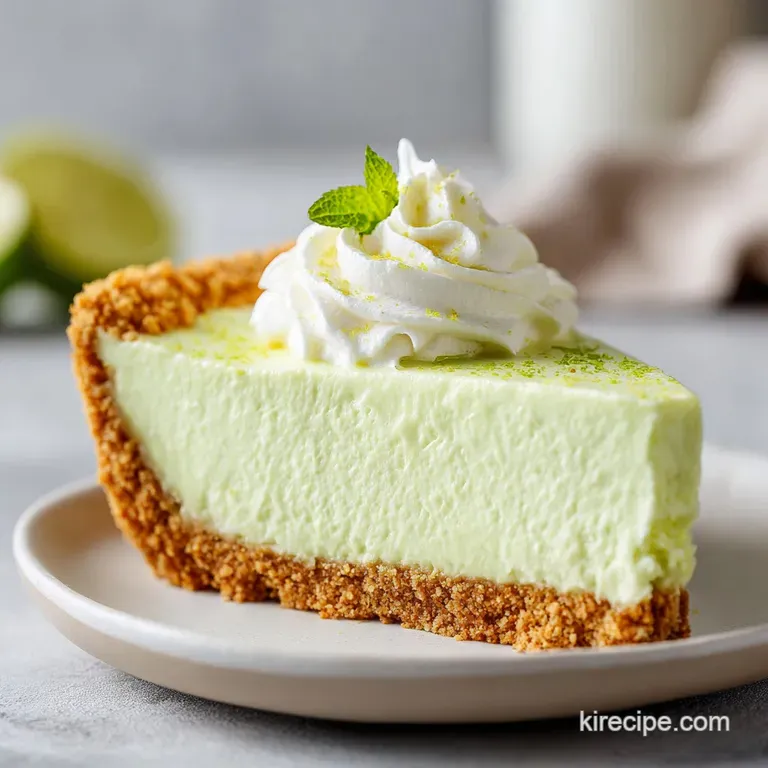 A smooth slice of pale green pie on a white plate, garnished with a swirl of cream and a fresh lime wedge.