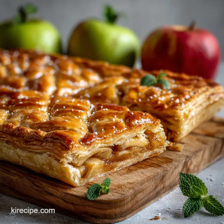 Slice of warm apple slab pie with a flaky, buttery crust, next to a scoop of melting vanilla ice cream. Cozy, inviting.