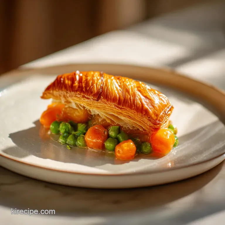 A slice of flaky golden crust resting on creamy chicken and vegetables, plated on a matte gray ceramic dish.