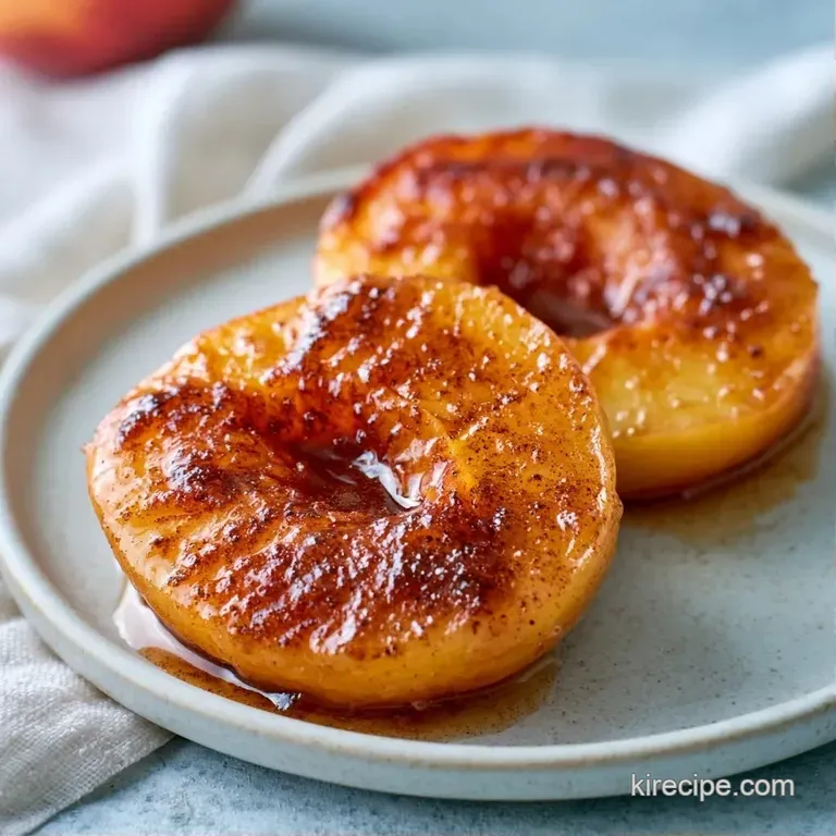 Halved golden peach resting on a white porcelain plate, drizzled with amber honey and a dusting of brown cinnamon.