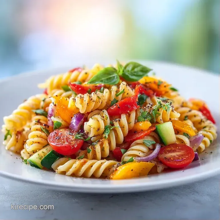 Vibrant pasta mixed with crisp bell peppers and red onion served in a white ceramic bowl with fresh parsley.