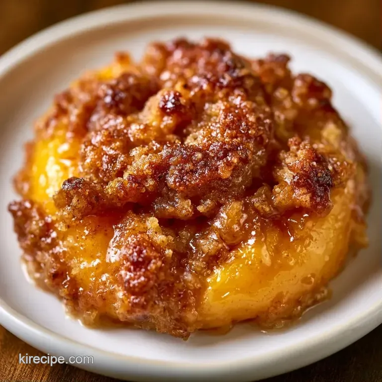 A slice of warm peach cobbler topped with a melting scoop of vanilla bean ice cream on a white ceramic plate.