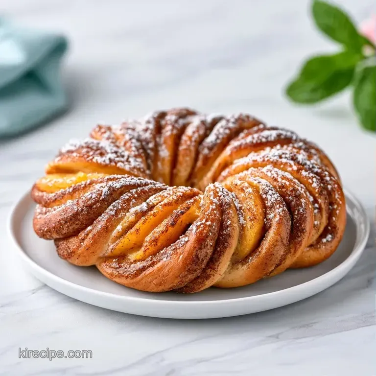 Elegant slice of warm fruit pastry with a melting scoop of vanilla ice cream and a sprig of fresh mint.