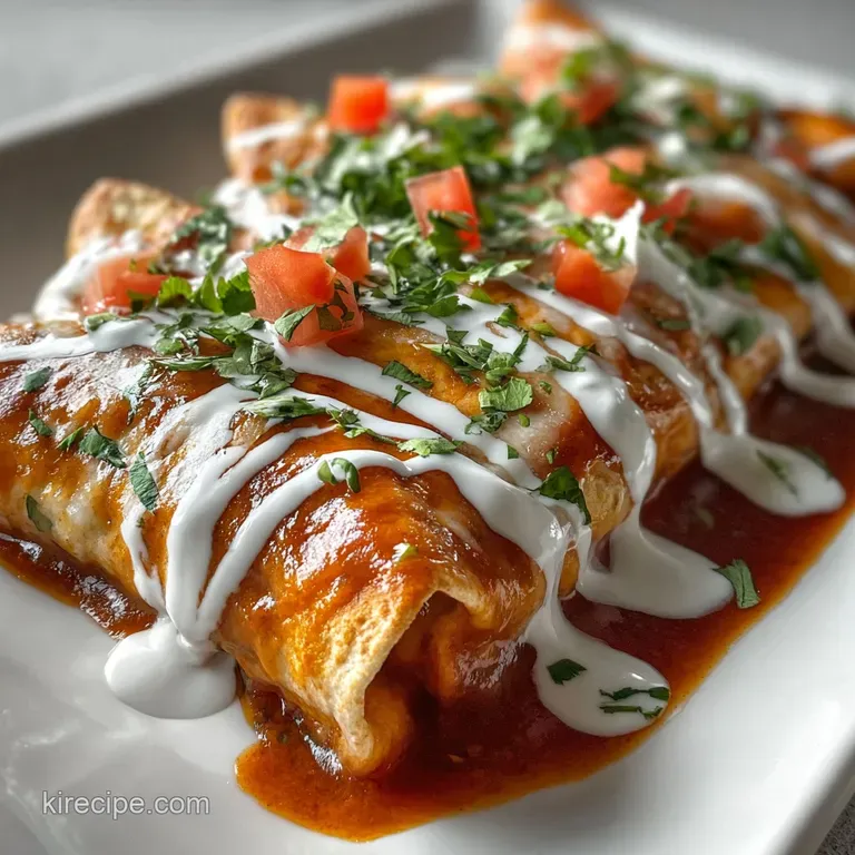 A single enchilada, glistening with a smooth, ivory sauce, artfully plated with vibrant cilantro and a swirl of sour cream.