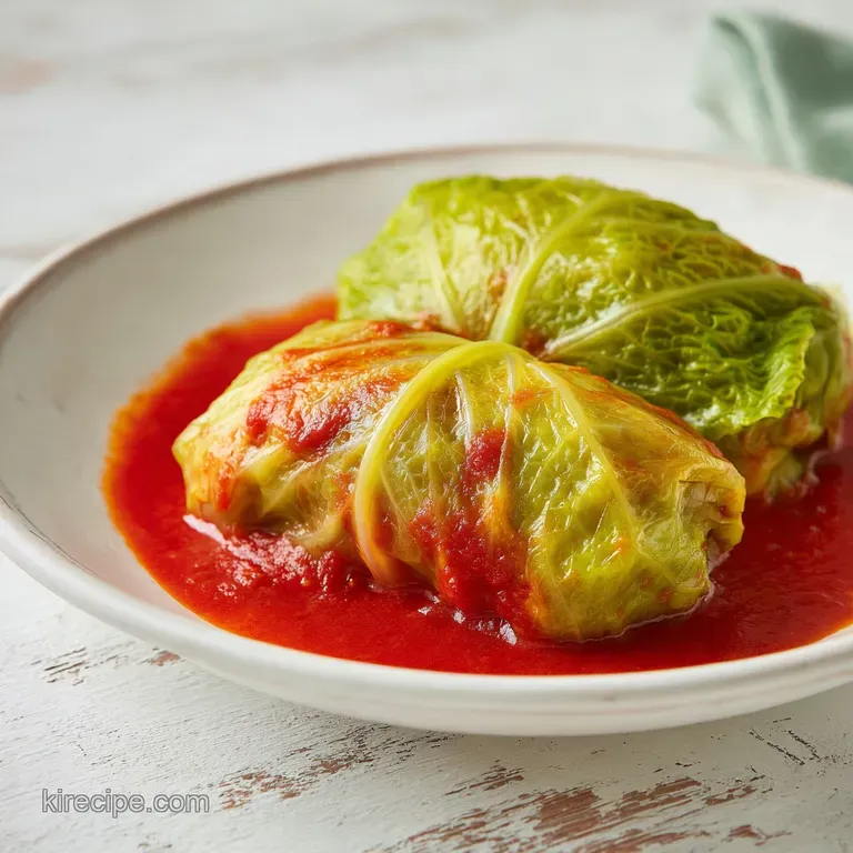 Three tender cabbage rolls nestled in a deep ceramic bowl with vibrant red sauce and a sprig of fresh parsley.