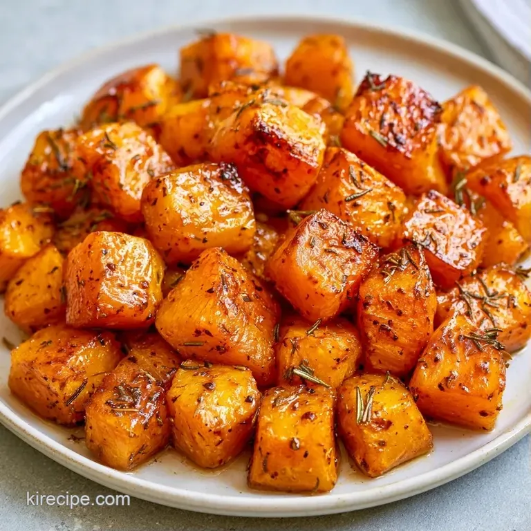 Elegantly plated orange squash slices on a matte white dish with a brown butter drizzle and a sprig of fresh thyme.