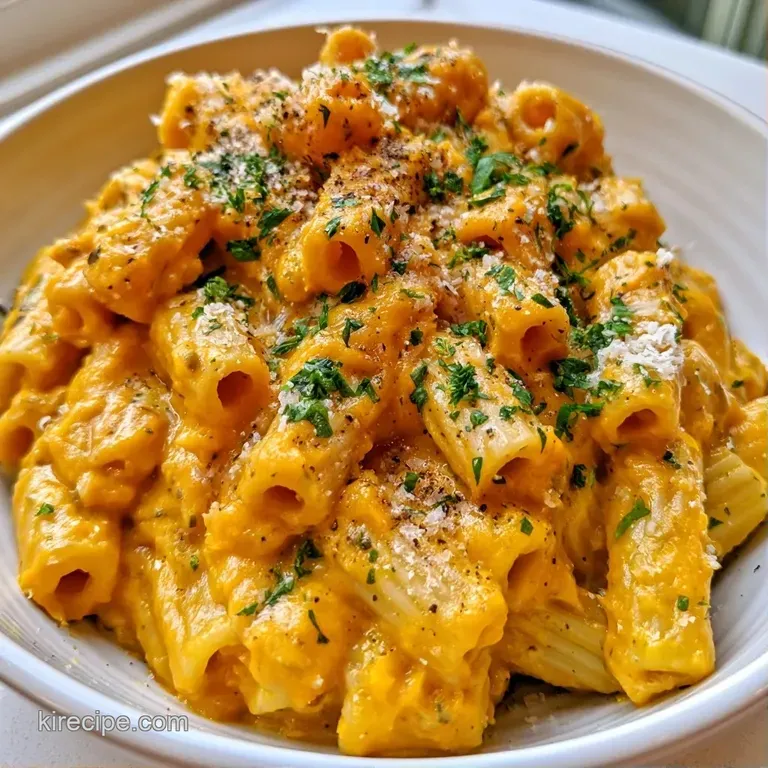 Al dente pasta swirled in a rich orange sauce, served in a white bowl with a drizzle of oil and toasted pepitas.