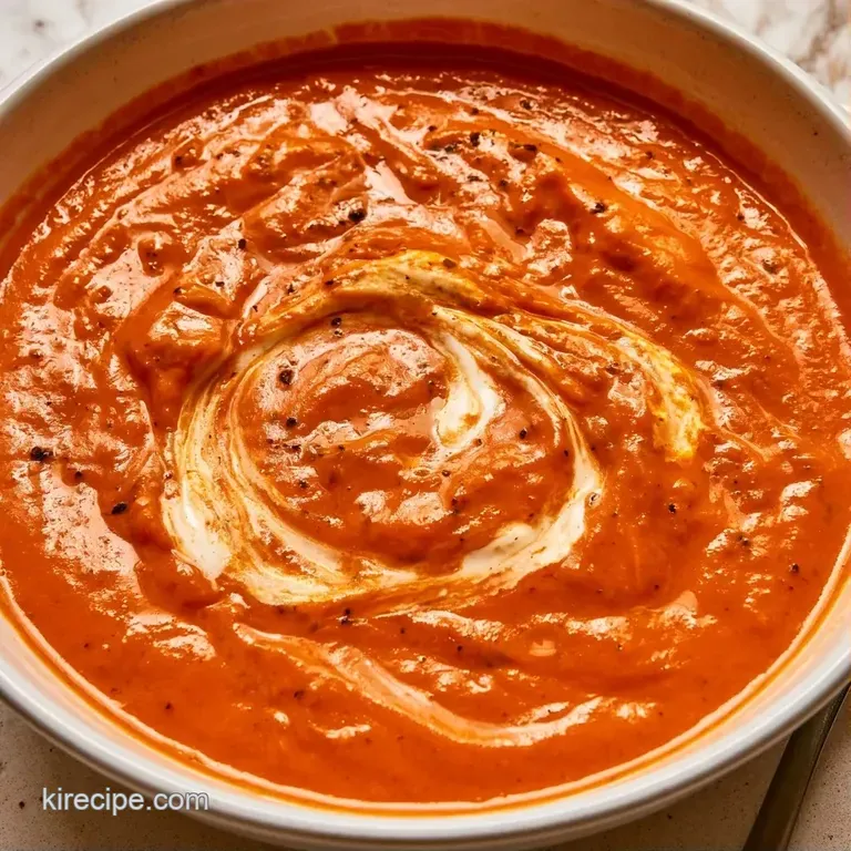 A deep ceramic bowl of velvety red soup served with a toasted sourdough slice and a drizzle of heavy cream.