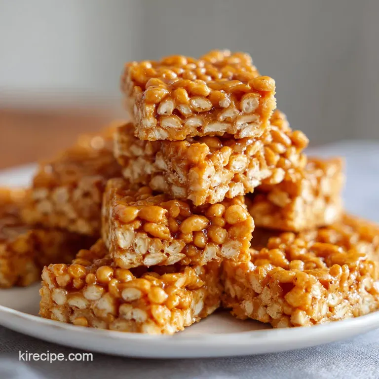 Stacked scotcheroo bars, showcasing layers of crisp rice and smooth chocolate. Peanut butter swirls create a marbled, temp...