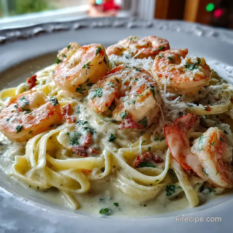 Elegant swirl of fettuccine Alfredo with plump shrimp, artfully plated and garnished with a lemon wedge and fresh parsley ...