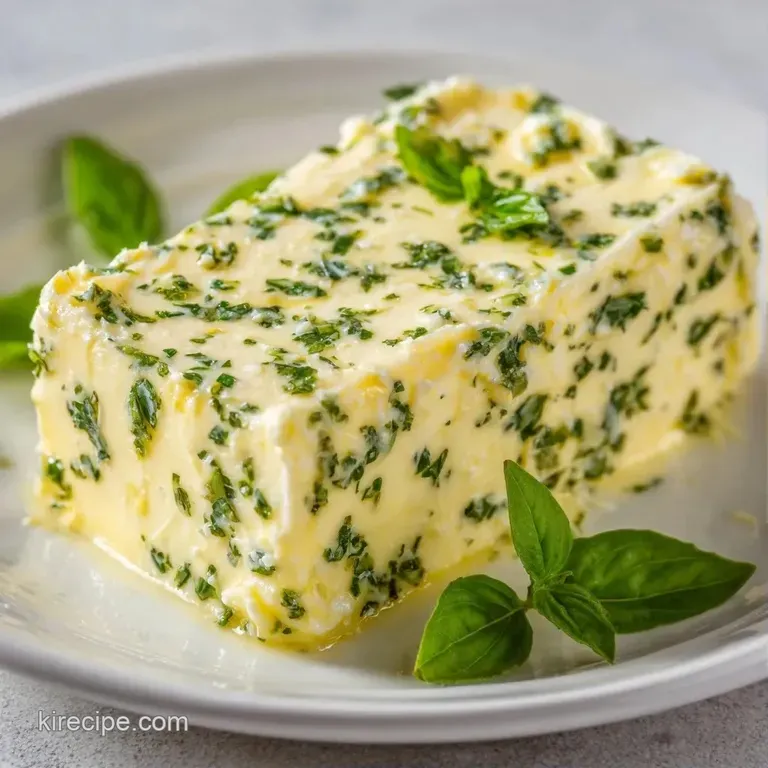 Chilled, pale yellow herb butter in a white porcelain ramekin, garnished with a fresh sprig of aromatic green basil.