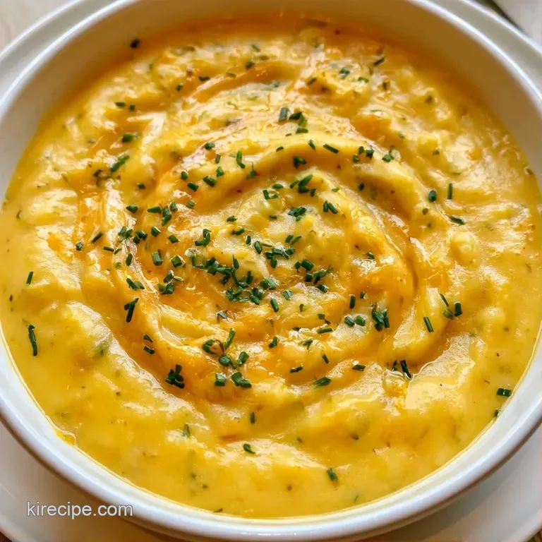 A white porcelain bowl of thick yellow soup garnished with crisp bacon bits and a swirl of heavy cream on a linen cloth.