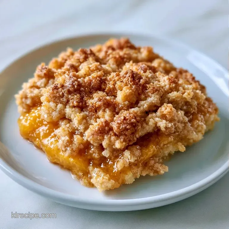 A scoop of melting vanilla ice cream atop a warm, golden fruit crumble served on a clean white ceramic plate.
